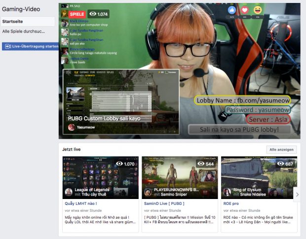 Facebook startet zentrale Anlaufstelle f&uuml;r Gaming-Streams. (Screenshot: facebook.com)